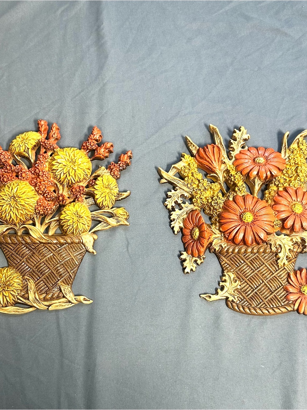 VTG MCM Burwood Products Floral Wall Plaques Set of 2 Basket Flower Arrangements